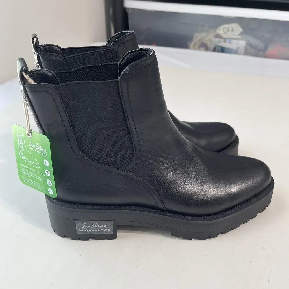 Sam Edelman Boots Womens Size 7 Black Leather Waterproof Chelsea Ankle Lug Sole